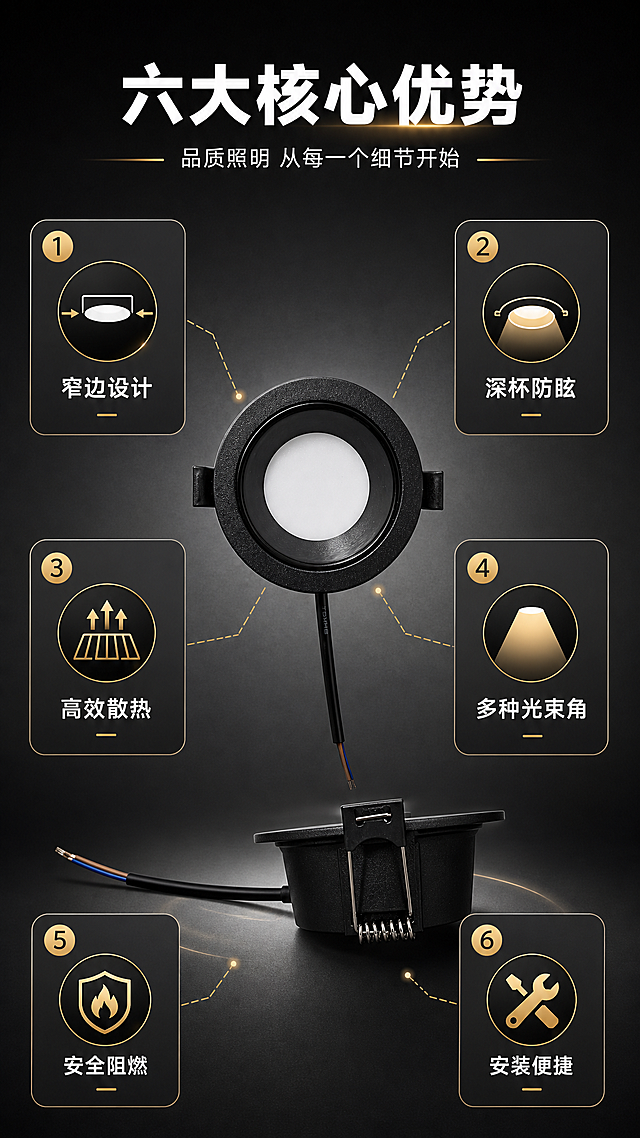 [商品] 使用【图2】黑色LED筒灯侧面图和【图5】正面图；保留黑色磨砂灯体、弹簧卡扣结构、出线设计、圆形窄边造型、发光面结构；修复背景，增强材质质感，不改变产品结构。
[画面] 目标：核心卖点总览，6大优势一目了然。构图：中间产品多角度组合展示（正面+侧面），占画面40%；周围环绕6个卖点图标卡片，上下各3个对称分布。阅读动线：中心产品向外辐射阅读。前景：产品主体；中景：卖点卡片；后景：深色渐变背景。
[视觉] 套系策略：风格=现代简约工业风商业摄影；标题字=粗黑体无衬线；正文字=常规黑体无衬线；主色=深炭黑；背景延展=基于深炭黑做径向渐变，中心亮四周暗，深灰层次过渡；强调色=暖金色（仅用于小面积图标、引线、标签和光效点缀）；标题色=白色；正文色=浅灰色；组件=圆角深色信息卡、细线图标、数字标号；光影=产品正面柔光+侧面轮廓光，背景暗调突出产品和卡片。
[文字] 顶部主标题"六大核心优势"，副标题"品质照明 从每一个细节开始"；6个卖点卡片分别为："1.窄边设计""2.深杯防眩""3.高效散热""4.多种光束角""5.安全阻燃""6.安装便捷"；每个卡片配对应图标和4字卖点；文字环绕产品分布，不遮挡产品主体结构。
[规格] 图片比例9:16竖版，4K，避免变形、错字、文字过小、冷蓝色调、产品结构失真。
