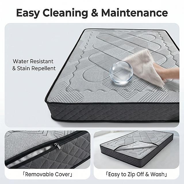 [Main Image-8] Easy cleaning and maintenance feature of Antistatic Mattress. Demonstrate the stain-resistant and easy-clean property.
[Atmosphere Style] Dynamic demonstration, intuitive function display.
[Quality] Clear dynamic capture, commercial photography, high definition.
[Elements] The main picture is a dynamic scene: a drop of water falls on the mattress fabric, forming a water bead that does not penetrate, a cloth is wiping the water bead easily, highlighting the waterproof and anti-fouling performance. The whole mattress remains in the background, consistent with the original appearance. Keep the mattress appearance (physical structure, material texture, color) absolutely consistent with the input product image, eliminate any deformation and color difference. Below the main picture, two small rounded picture-in-picture show: 1. removable cover zipper detail  2. the cover after removing, with text labels respectively.
[Lighting] Bright even light, clear dynamic capture, the water bead has transparent light and shadow, texture clear.
[Color Matching] Main color mattress gray, water bead transparent highlight, text dark gray, light background clean.
[Perspective Composition] Seven-three layout, main picture upper, picture-in-picture lower, focus on the cleaning demonstration.
[Text Layout] Top title "Easy Cleaning & Maintenance", bold large title. Main picture left floating label "Water Resistant & Stain Repellent". Picture-in-picture labels at the bottom: 「Removable Cover」「Easy to Zip Off & Wash", text clear and delicate. Overall text all in English, no Chinese characters.
[Proportional Resolution] 1:1 ratio, 2K resolution; text clear, ultra HD.
[Negative prompt] deformation, watermark, text disorder, blurry product picture, messy background, Chinese characters