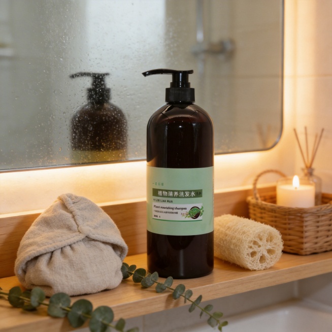 主体为 1L 装 “一指莲华” 洗发水瓶身，置于浅橡木色浴室置物架上，搭配亲子款棉麻干发帽、天然丝瓜络浴球与尤加利枝叶。背景是带水雾的暖光浴室镜，镜旁点缀木质置物篮与香薰蜡烛，柔和的暖调灯光营造出温馨预览效果