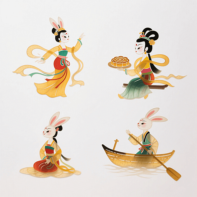 4个明亮的彩色拟人化玉兔版嫦娥素材（2X2规整排布），带有不同动作：1、跳舞，2、吃月饼，3、坐着，4、划船。纯白色背景
