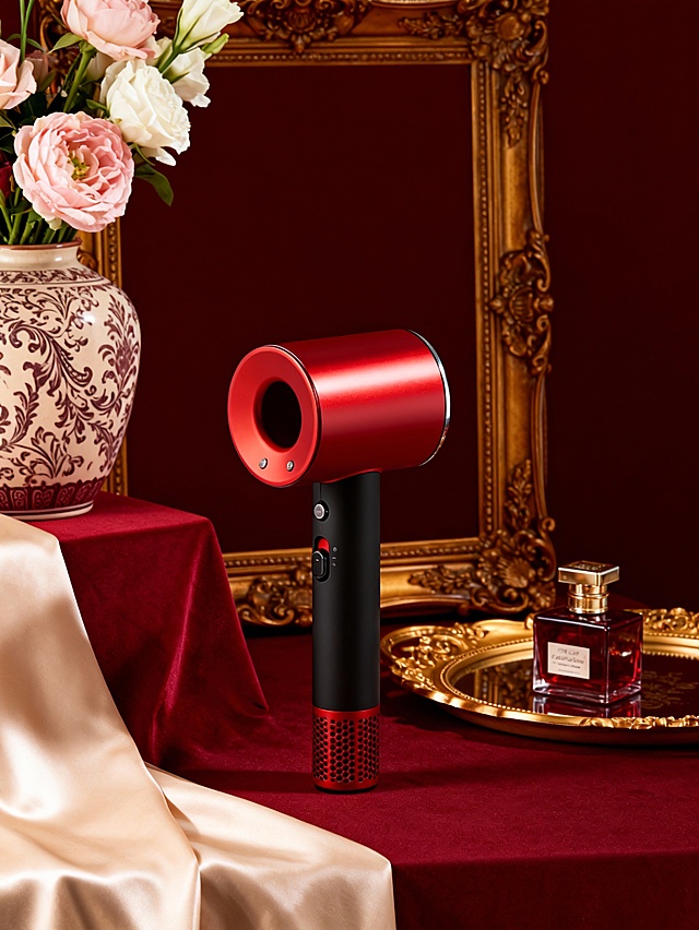 复古奢华风产品展示场景，整体配色以深酒红为基底，搭配主体的红黑撞色与金色装饰元素，色调浓郁高级；采用中景视角，中心构图聚焦台面主体区域；场景包含背景里：雕花金边相框、复古纹案花瓶（插着粉白花卉）、鎏金托盘（盛放酒红香水瓶）；主体左侧香槟色缎面布料（搭载酒红桌布上）；主体呈直立姿态，置于缎面台面上，在画面中占比约 30%，其亮红的镜面质感与雅黑的哑光材质形成强烈对比，契合复古奢华的风格调性；主体融入奢华复古环境，光线为柔和侧光 + 局部暖调高光，突出主体的光泽细节与场景的贵气氛围，摄影风格为商业精修实拍，细节细腻，氛围典雅精致。