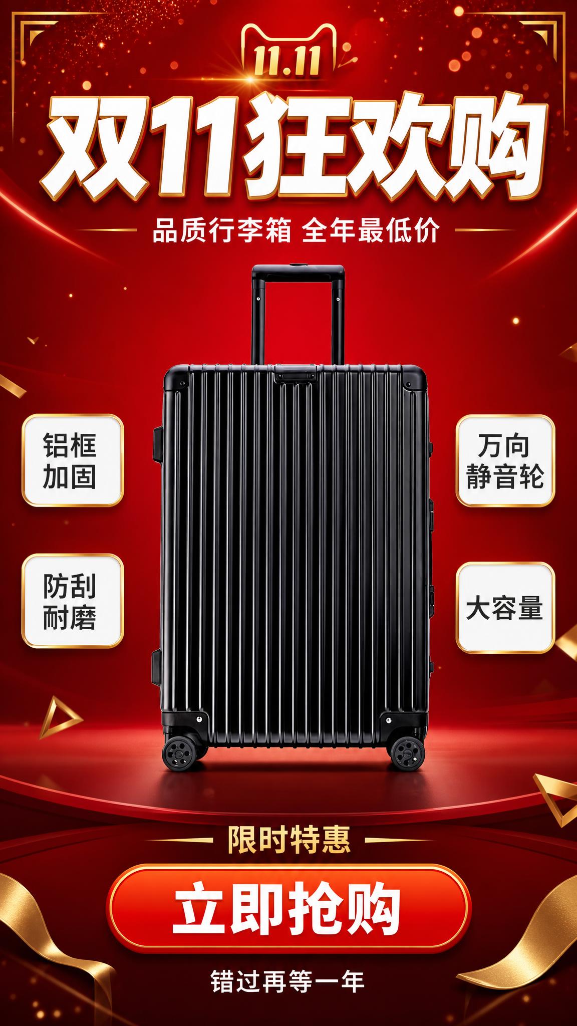 双十一竖版商品促销海报，黑色铝框竖条纹行李箱为主体，9:16竖… - 图片创意预览