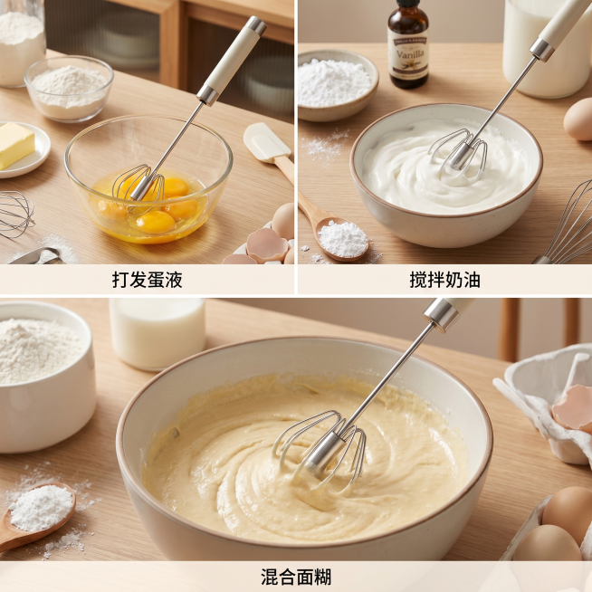 [主图 4] 半自动打蛋器多场景使用展示
[氛围风格] 生活化场景展示，真实自然
[画质] 商业摄影质感，光线柔和通透，产品清晰真实，画面干净高级
[元素] 宫格分三个场景展示：第一格展示打发蛋液烘焙预览效果