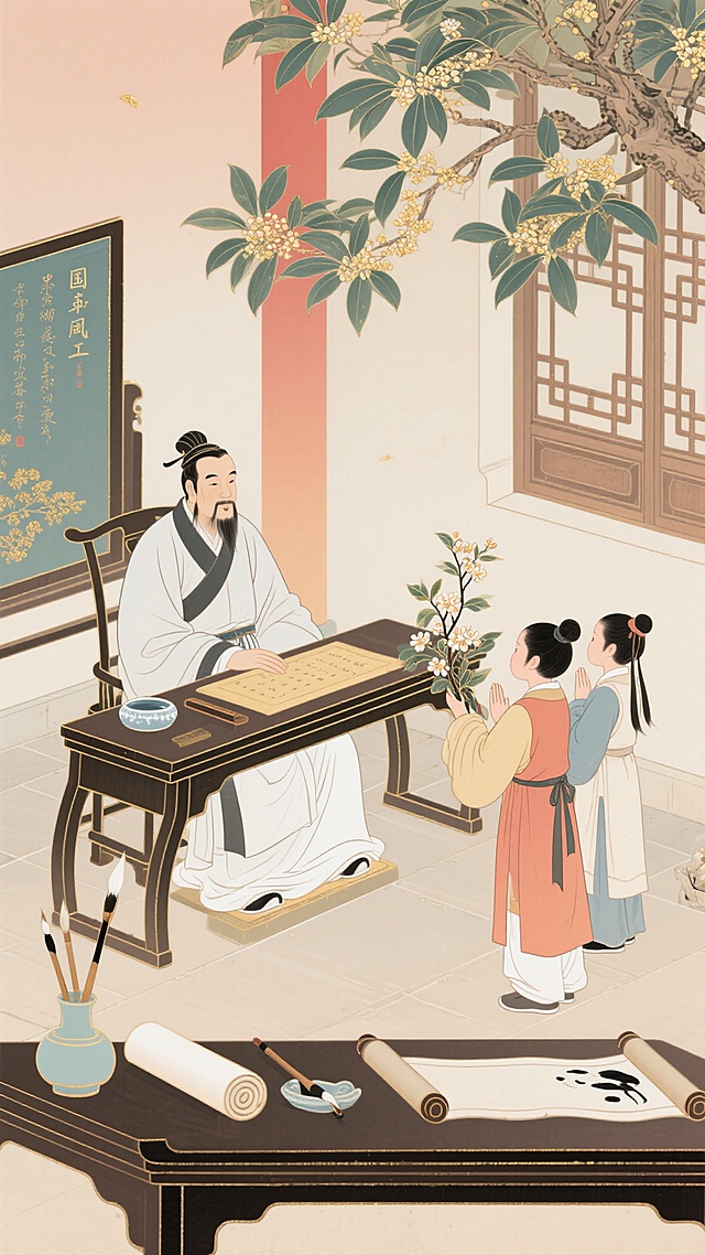 古典中式工笔风，细腻描绘文人雅士书房情景，水墨淡雅，尽显传统文化韵味。