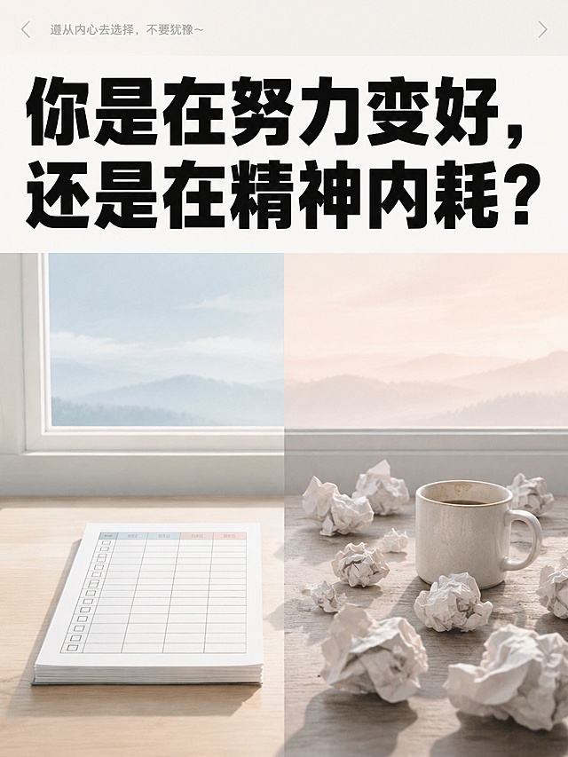 竖版3:4心理测试引流卡片封面，顶部浅米网页导航横幅，左右浅灰色箭头模拟手机界面，横幅左侧纤细浅灰小字 "遵从内心去选择，不要犹豫～"；标题区域整体向上偏移，字体放大10%，文字区块占整张画面 1/3 面积，超大粗黑方正强标题，唯一核心主标题："你是在努力变好，还是在精神内耗？"，字体纯黑色无渐变无描边，醒目厚重；其余插画、贴纸、图标、便签全部空白，禁止自动生成任何额外小字、字母、外文；画面上下分层，上1/3文字区、下2/3极简冲突隐喻插画区，细腻柔和哑光纸张肌理，整体留白干净清爽，高清柔和画质，整体气质清醒戳心；下半部分低饱和彩色对立隐喻插画，窗边原木书桌，左右形成强烈视觉反差，左侧摆放平整整齐的纸质计划表（代表有序努力），右侧散落揉皱废弃纸团 + 空咖啡杯（代表焦虑内耗），仅两组对立主体，无多余书本、绿植堆砌，窗外淡雾蓝渐变柔光天际，画面构图极简有张力，突出努力与内耗的矛盾感；专属柔和主色调雾蓝 + 浅裸粉 + 奶白 + 浅灰金，低饱和柔和彩色体系，杜绝单调黑白水墨褪色画面；全图仅顶部横幅短句与主标题两段规范中文，无错字、乱码、多余文字。负面要求：不要二维码占位、错别字、乱码汉字、无意义字母、英文短句、便签贴纸自动生成多余文字、小字堆砌重叠、卡通幼稚、高饱和荧光色、渐变花哨字体、粗重描边、水印、画面模糊噪点、暗沉灰黑单色、压抑丧系氛围、人物哭泣紧绷、大量书本绿植堆砌、画面平淡安静无冲突、浮夸 3D 建模、浓烈撞色、繁复花边、排版拥挤、大面积水墨黑白、标题区域占比不足 1/3、标题字体过小纤细、画面元素繁杂冗余