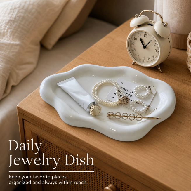 white irregular wavy plastic jewelry tray, placed on a wooden nightstand next to a bed with an alarm预览效果