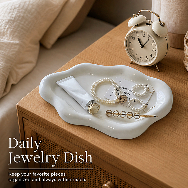 white irregular wavy plastic jewelry tray, placed on a wooden nightstand next to a bed with an alarm clock, storing daily rings and bracelets, warm cozy boho style, text "Daily Jewelry Dish" in clean English font, aesthetic for American young girls, Shein product shot, 1:1 square