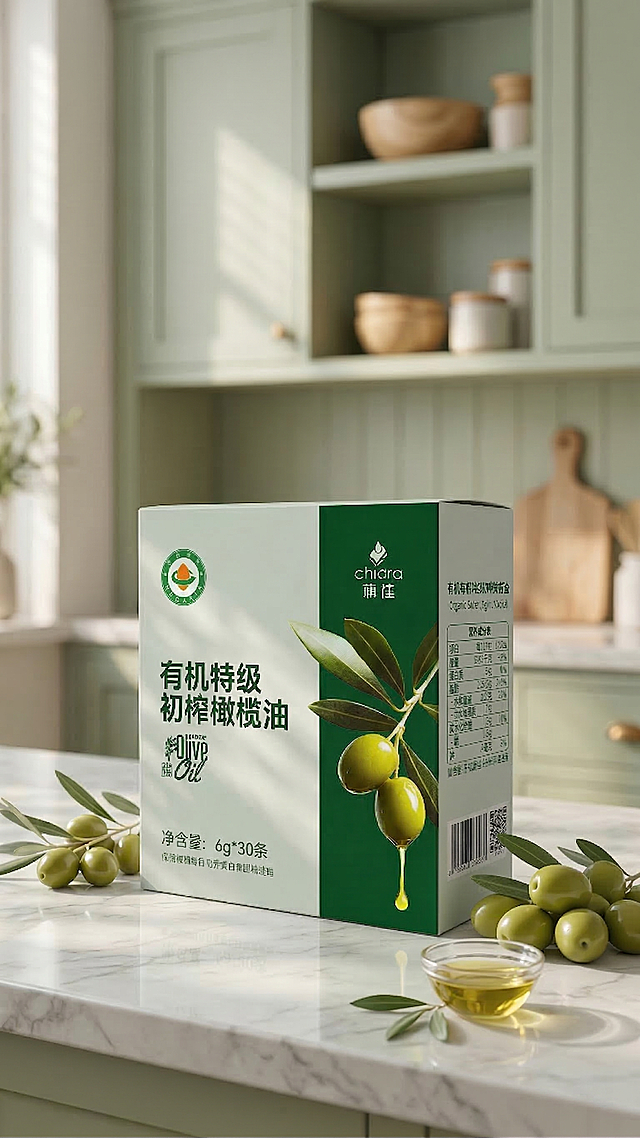 保持主体物理结构不变，保持产品包装盒上所有文字和Logo原样不变，保持整体绿色温馨厨房场景不变，去掉图片右下角的核桃，替换为新鲜青绿色橄榄果子，其余元素和布局保持不变，柔和自然光，温馨氛围感，通透干净。