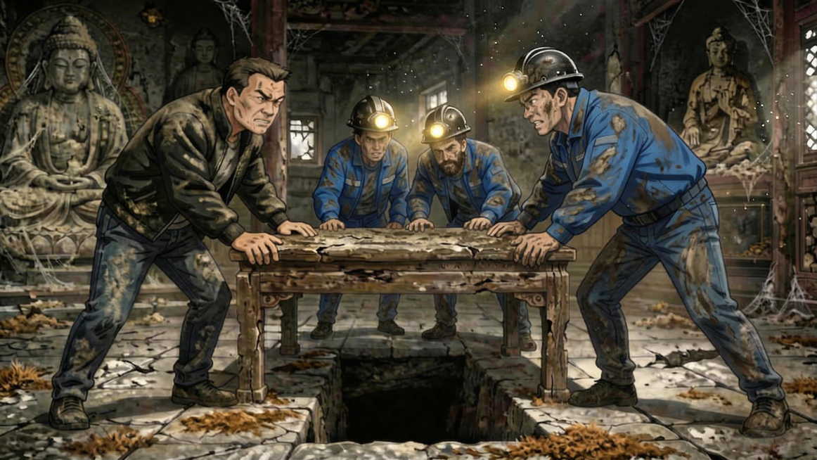 从右往左的三个工人身上，要有泥土的污渍预览效果