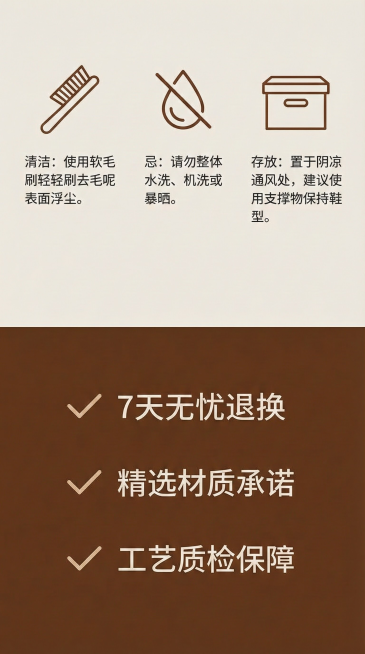 护理与承诺 - 长久相伴
视觉概念： 体现品牌责任感，完成消费信任的最后一步。

画面构图：

分为上下两部分。

上部（护理指南）： 用三个简约的线性图标配合文字说明。

刷子图标： “清洁：使用软预览效果