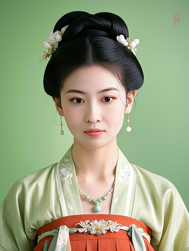 女生，汉服证件照，国风，精致，浅绿色背景
