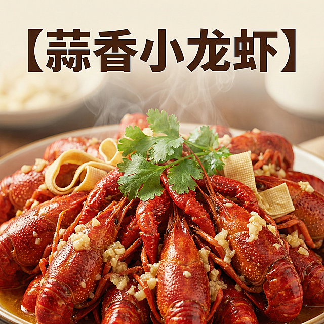 [主图 8] 私厨小龙虾蒜香口味成品展示
[氛围风格] 食欲诱惑，新鲜出炉
[画面元素] 商业摄影质感，光线柔和通透，产品清晰真实，画面干净高级。使用用户上传图片，保留原有蒜香小龙虾搭配千张香菜的成品外观，突出蒜香浓郁的诱人状态，蒸汽感点缀，细节丰富，满铺无边框
[配色色系] 主色调：小龙虾鲜红色，香菜绿色，千张浅米色；暖调食欲配色
[视角构图] 居中特写构图，浅景深突出主体
[文字版式] 画面顶部主标题“【蒜香小龙虾】”大号深棕色粗体，不遮挡主体，文字清晰
[比例分辨率] 1:1比例，2k分辨率，文字清晰可辨，超高清
[负向提示词] 变形，水印，文字错乱，产品图模糊，背景杂乱