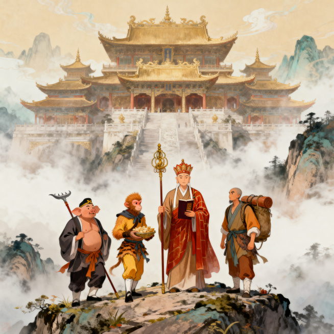 西游记主题插画，取得真经后师徒四人在灵山场景，全员突出展示，古典国风插画，仙雾缭绕，灵山庄严壮丽，细节丰富，圆满故事结局，构图祥和大气预览效果