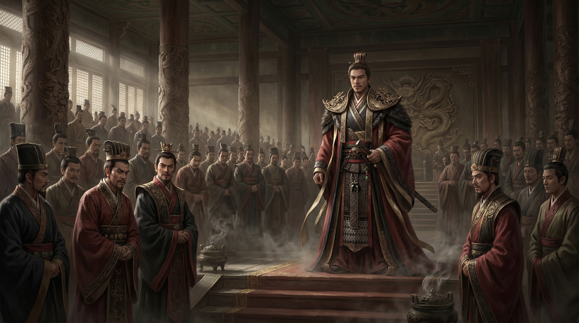 将图中的三国孙权角色放入古代朝堂场景中，面对众多穿着古代官服的朝臣，神情凝重，艰难应对，游戏宣传CG风格，画面有史诗感，光影厚重写实预览效果