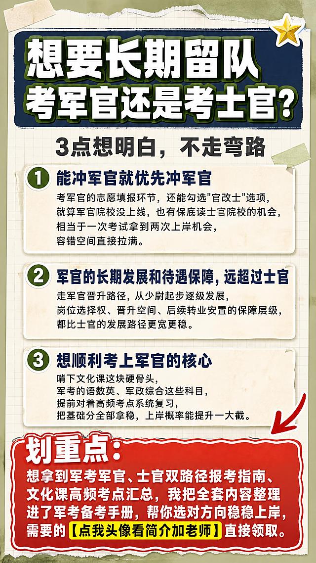 小红书笔记长图文封面，纯大字+多段干货文案，手账拼贴军考备考风，版式精美，小红书笔记封面质感，信息层级清晰，适合信息流点击。画面比例9:16，尺寸1080×1920。所有文案必须完整保留，不得删减。

【顶部主标题区】主标题超大超粗，逐字锁定：「想要长期留队 考军官还是考士官？」，占画面顶部约25%高度，扁平超粗黑体，白字加军绿色粗描边+深蓝色矩形色块底，视觉冲击力最强，一眼可读。

【副标题】主标题下方小字：「3点想明白，不走弯路」，深灰色粗体。

【中部干货三段区（逐条完整保留）】
1. 能冲军官就优先冲军官
考军官的志愿填报环节，还能勾选"官改士"选项，就算军官院校没上线，也有保底读士官院校的机会，相当于一次考试拿到两次上岸机会，容错空间直接拉满。

2. 军官的长期发展和待遇保障，远超过士官
走军官晋升路径，从少尉起步逐级发展，岗位选择权、晋升空间、后续转业安置的保障层级，都比士官的发展路径更宽更稳。

3. 想顺利考上军官的核心
啃下文化课这块硬骨头，军考的语数英、军政综合这些科目，提前对着高频考点系统复习，把基础分全部拿稳，上岸概率能提升一大截。

每段序号用军绿色圆形底白字标注，段落标题加粗深蓝色，正文黑色常规字，三段用浅米色便签框依次排列，段间距均匀。

【底部划重点区（突出展示）】用醒目的红色渐变底框+白色粗体字，占据画面底部约20%高度，边框加手绘波浪线装饰，逐字锁定完整文案：「划重点：想拿到军考军官、士官双路径报考指南、文化课高频考点汇总，我把全套内容整理进了军考备考手册，帮你选对方向稳稳上岸，需要的【点我头像看简介加老师】直接领取。」其中「划重点」三个字最大最醒目，「点我头像看简介加老师」加黄色高亮色块。

背景：浅军绿+米白网格笔记纸纹理，带轻微便签纸质感。装饰：1个五角星emoji在主标题右上角，1个红色手绘箭头指向底部划重点区；emoji不与文字逐字混排，禁止底部横排多个。

整体氛围：军考干货、清晰实用、部队备考感。画质：4K高清细腻，所有文字完整处于安全区内不可裁切，四周留安全边距，主标题与划重点区对比最强。