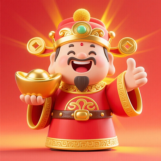 财神爷的形象，富丽堂皇的装扮，装饰傍身，珐琅金色球绒顶冠，红色官袍镶金边，粗鎏金纹饰皮腰带，一只手拿一个超大的金元宝，另一个手竖大拇指点赞手势，开心地笑，背后是黄色的光晕，绽放光芒，暖色调，红色渐变背景