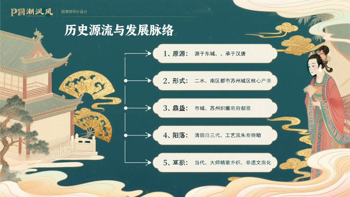 PPT页面设计，标题“历史源流与发展脉络”，内容分为五个阶段：1.起源：源于东吴，承于汉唐；2.形成：两宋，南宋迁都后苏州成为核心产区；3.鼎盛：明清，苏州织造府主导；4.衰落：清末民初，技艺濒临失传预览效果