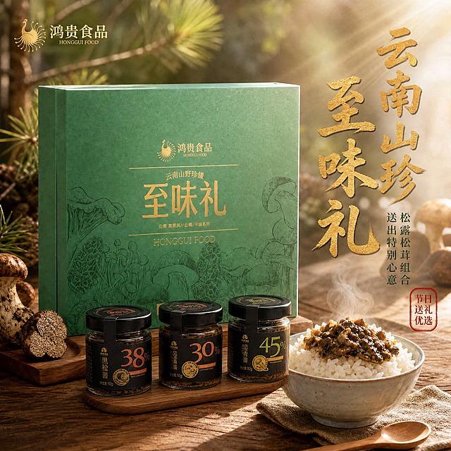将图中礼盒前方的三小瓶菌酱替换为真实产品：黑松露菌酱（黑盖黑标38%）、见手青菌酱（黑盖黑标30%）、松茸菌酱（黑盖黑标45%），三瓶均为黑色瓶盖黑色标签，净含量92g。保持原有的木质餐桌背景、松林户外氛围、右侧一碗淋菌酱的米饭、左侧松露和野生菌装饰、右侧竖排金色大字云南山珍至味礼、红色印章节日送礼优选、左上角鸿贵食品Logo等所有背景和文字排版不变。大礼盒保持原样绿色烫金至味礼。产品瓶身外观严格按照真实产品图还原，标签准确。整体暖阳逆光，温暖高级有食欲。