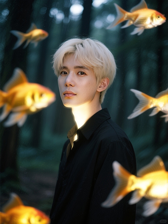 森林少年，环绕动态模糊的金鱼，金鱼发光，梦核暗调。脸部一束光，奶油肌，特写