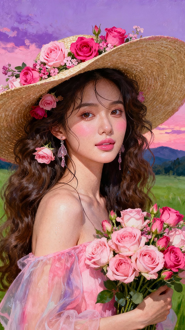 梦幻感与浪漫交织的插画风油画，厚涂技法呈现柔美质感，少女手持玫瑰花束，置身虚拟自然中，唯美清新，如诗如画。