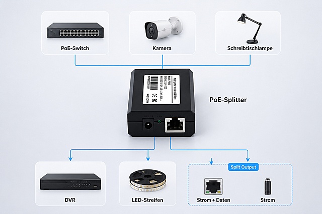 [详情页适配展示图] 51W Gigabit PoE Splitter 适用设备展示图，商品名称为分离器。本屏使用【图1】分离器产品放在画面中心位置，展示分离器可同时连接多种兼容设备。
[氛围/风格] 简约专业科技风，干净舒适低饱和背景，商业摄影质感，适配亚马逊平台规范，全英文文案。
[元素布局] 黑色 POE 分离器放置在画面中心，占比约40%，保持产品外观、接口位置、标签文字与原图一致；在产品上方排列三台设备图标/缩略图：PoE-Switch、Kamera、Schreibtischlampe；产品下方排列三台设备：DVR、LED-Streifen、标注分离输出：Strom + Daten、Strom；用简洁连线展示信号流向，背景干净低饱和渐变浅灰色，无杂乱装饰。
[光影质感] 中心产品布光均匀，阴影柔和，接口和标签文字清晰，整体通透干净。
[配色色系] 背景为低饱和浅灰 #f0f2f5，产品保持黑色，文字深灰，连线浅蓝，设备图标浅深灰色块，整体干净舒适。
[视角构图] 横版970:600构图，中心对称产品，上下均衡分布设备，阅读动线从上到下。
[文字版式] 每个设备下方标注对应名称："PoE-Switch"、"PoE-Splitter"、"Kamera"、"Schreibtischlampe"、"DVR"、"LED-Streifen"，输出位置标注 "Strom" 和 "Strom + Daten"，文字清晰不遮挡产品，首字母大写，排版整齐。
[比例分辨率] 比例 970:600，4K 分辨率，高清画质。
[负向提示词] 产品变形，接口错位，文字错乱，颜色偏差，背景杂乱，水印，价格信息，引导好评，中文乱码。