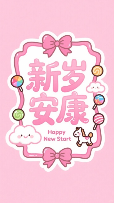 画面中心是粉色艺术字 “新岁安康”，边框点缀粉色蝴蝶结图案、卡通小马简笔画，文字 “Happy New Start”，搭配云朵、糖果的软萌装饰元素，背景是粉色预览效果