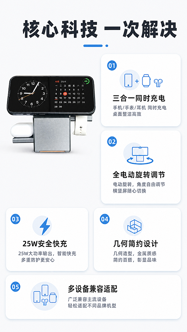 「图片1」，生成详情页，商品名称为25W几何旋转全电动三合一无线桌面充电器，适配拼多多平台，单图比例为9:16，需求屏数为8张。