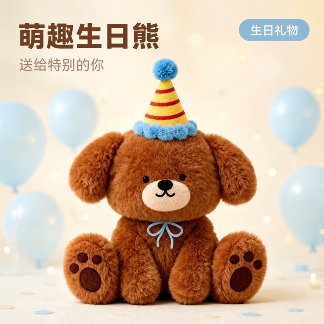 [主图-1] 萌趣生日熊毛绒公仔首图，礼赠氛围款；
[氛围风格] 温馨治愈奶系可爱风格；
[画质] 商业摄影质感、光线柔和通透、产品清晰真实、画面干净高级；
[元素] 萌趣生日熊毛绒公仔居中展示，完整预览效果