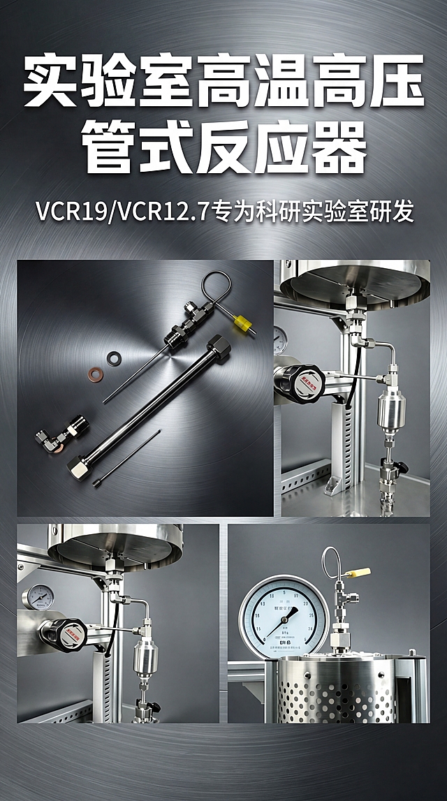 淘宝详情首屏海报，展示实验室高温高压管式反应器，顶部放置大标题"实验室高温高压管式反应器"，副标题"VCR19/VCR12.7专为科研实验室研发"，整体采用工业科技风格，干净专业的电商设计，使用图片7中的合成构图，将反应器拆解图和整机细节图放在一屏，金属灰背景，高清工业风。