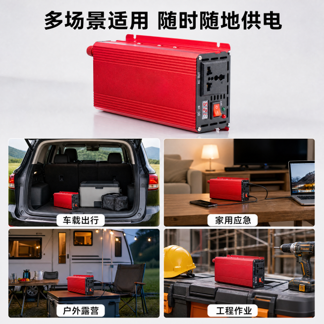 [主图-4] 纯电波逆变器多适用场景展示图。[氛围风格]实用场景展示，清晰告知适用范围。[画质]商业摄影，每个场景小图清晰明亮，整体排版干净整齐。[元素]保持纯电波逆变器产品外观与原图一致，放在顶部居预览效果