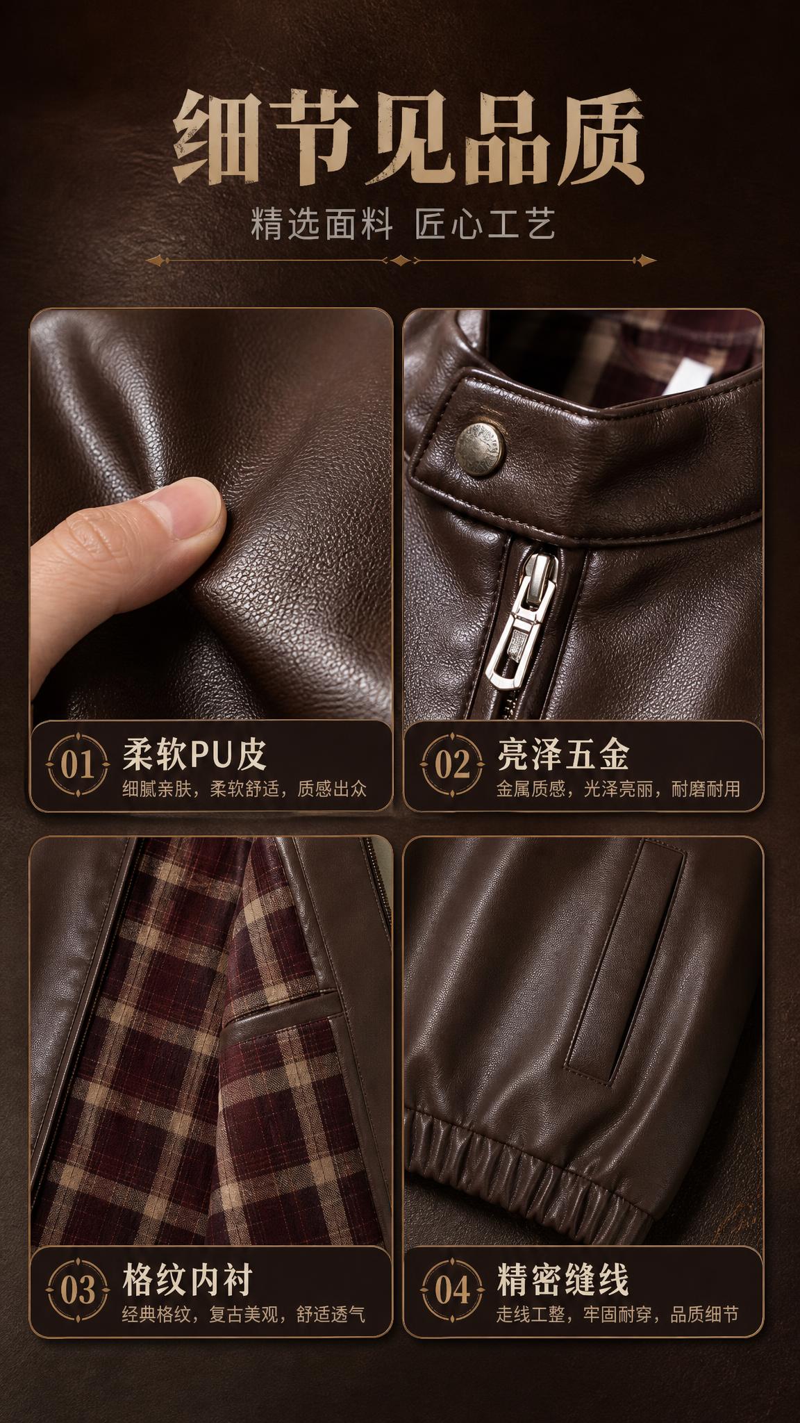 [商品] 使用【图1】复古棕色立领PU皮夹克；商品处理：保留立… - 图片创意预览