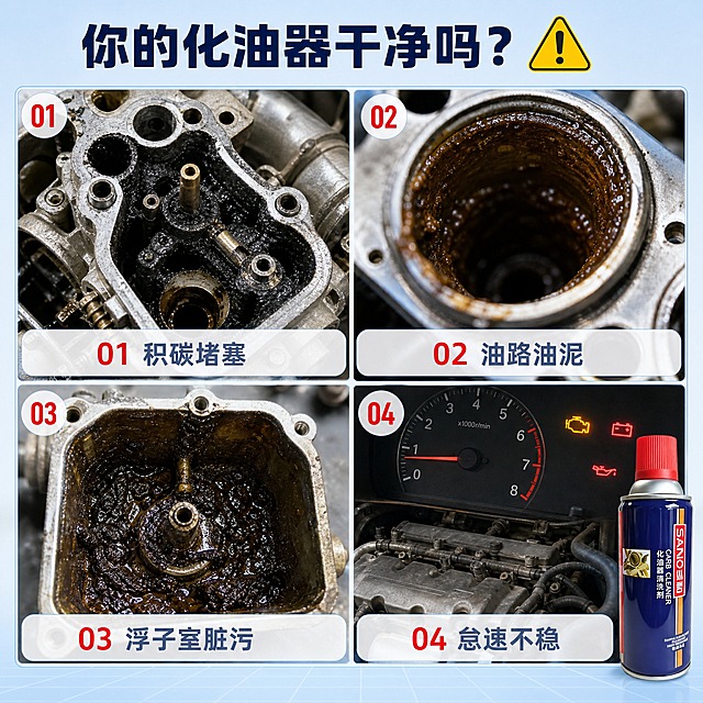 [主图-2] 三和化油器清洗剂 痛点直击图，唯一任务：用脏污实拍与故障后果唤起车主焦虑。
[统一基调] 整套统一视觉：浅蓝色科技感背景，由浅蓝（#DCEBFB）向下过渡到近白，底部带极淡蓝色光晕与细线网格；主标题统一用深蓝近黑（#0B2E5B）无衬线加粗黑体，副文案统一浅蓝灰（#4A6484）；强调色统一亮红（#E4002B），仅用于关键功效词、编号与警示；信息卡、编号圆标、标签条统一为白色半透明圆角底加浅蓝细描边；全套只用这一种无衬线字体外观，只做字号层级变化，不混用衬线体或手写体，不拉伸压扁文字。
[画面] 主体为2x2四宫格满版拼图，四格等分、边框极细浅蓝、无厚重色块；每格左上角统一白色半透明圆形编号标，格底部统一白色半透明圆角标签条。第一格编号01：拆解后的化油器内部，量孔与油道被黑色积碳严重堆堵的微距特写；第二格编号02：油路内壁附着厚层褐色油泥的特写；第三格编号03：化油器浮子室内部沉积深色油渣与杂质的俯视特写；第四格编号04：汽车发动机舱怠速抖动、仪表盘故障警示灯点亮的实拍画面。右下角叠一枚小尺寸“三和化油器清洗剂”蓝色罐体产品（占比约15%，红色瓶盖完整、不变形、不悬浮），作为解决方案暗示，下方带淡蓝色接触阴影。
[文字版式] 顶部大标题一行：“你的化油器干净吗？”，深蓝近黑加粗大字，末尾跟随一枚亮黄色三角警示图标；四格底部标签依次为“01 积碳堵塞”“02 油路油泥”“03 浮子室脏污”“04 怠速不稳”，浅蓝灰中号字，编号用亮红色；文字均置于标签条内留白区，不遮挡脏污细节。
[光影质感] 四格写实工业摄影质感，顶光加侧光，积碳、油泥、油渣的厚重感与金属反光层次真实清晰；产品小图保持原图光影与质感。
[配色] 浅蓝科技底 + 脏污深褐黑 + 深蓝大字 + 亮红编号，冷底与脏污色彩形成强对比。
[输出要求] 正方形1:1，四格边界清晰不混淆，产品清晰完整，中文文字清晰可读无错字；负向：变形、错字、模糊、杂乱、水印、平台Logo、人物面部、多余手指、畸形手、融合手指。