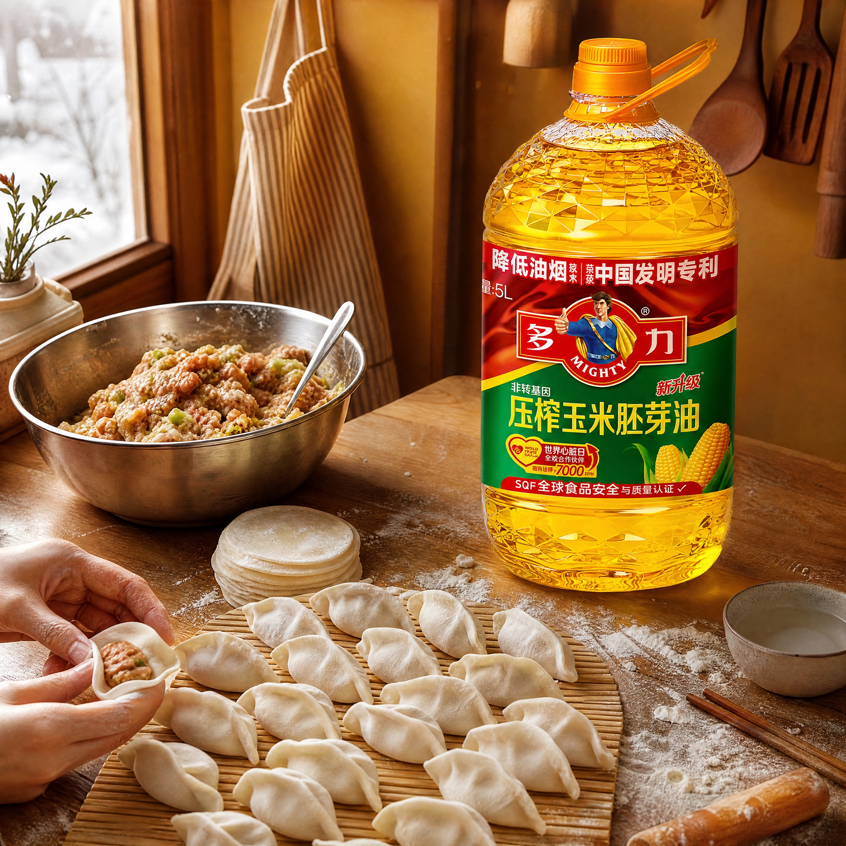 超写实食品商业摄影。 主体：5L装玉米油桶严格参照上传产品图，… - 图片创意预览