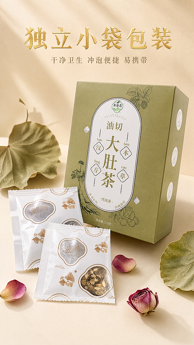 [第5屏] 独立小袋包装展示，突出油切大肚茶便携优势。本屏使用【图3】和【图6】作为产品参考。
[氛围/风格] 新中式国潮轻奢3D立体渲染风格，低饱和高级国风配色，光影柔和通透，画面干净高级，所有元素均为3D建模渲染，带自然投影，细腻高光与真实肌理，立体感适中不浮夸。
[元素布局] 产品包装盒放置在画面中后位置，前方自然摆放两袋独立三角包茶包，3D展示便携形态，清晰展示包装开窗设计，可看到内部天然原料。包装周围搭配干荷叶和玫瑰花瓣作为国风装饰，整体干净不杂乱。保持产品包装盒与独立茶包的结构、颜色、材质与参考图一致。
[光影质感] 柔和自然光从左上照射，茶包和包装盒形成自然投影，突出包装干净卫生的质感，整体光影通透舒适。
[配色色系] 全局底色：#F2EEDC（浅米黄调）；主体配色：#A2B588（包装盒绿色）+#FFFFFF（茶包白色）+#5A6D3C（深绿文字）；辅助色：#D4B86A（鎏金标题）+#8B7D5F（浅褐色文字）+#9C6B8A（玫瑰点缀）。
[视角构图] 主体居中，包装盒在后，独立茶包在前斜放，景深适中，构图稳定舒适，主次分明。
[文字版式] 顶部主标题「独立小袋包装」鎏金渐变国风宋体，居中对齐，字号占画面宽度8%；副标题「干净卫生 冲泡便捷 易携带」浅褐色国风宋体，位于主标题下方。字体统一国风宋体，核心卖点文字鎏金渐变，辅助文字浅褐色，层级清晰。
[比例分辨率] 9:16竖版比例，4K分辨率，文字清晰可辨，超高清画质。
[负向提示词] 包装变形，文字错乱，茶包结构错误，颜色偏差，水印，多余色块，背景杂乱，实拍照片质感，立体效果浮夸，产品图模糊。