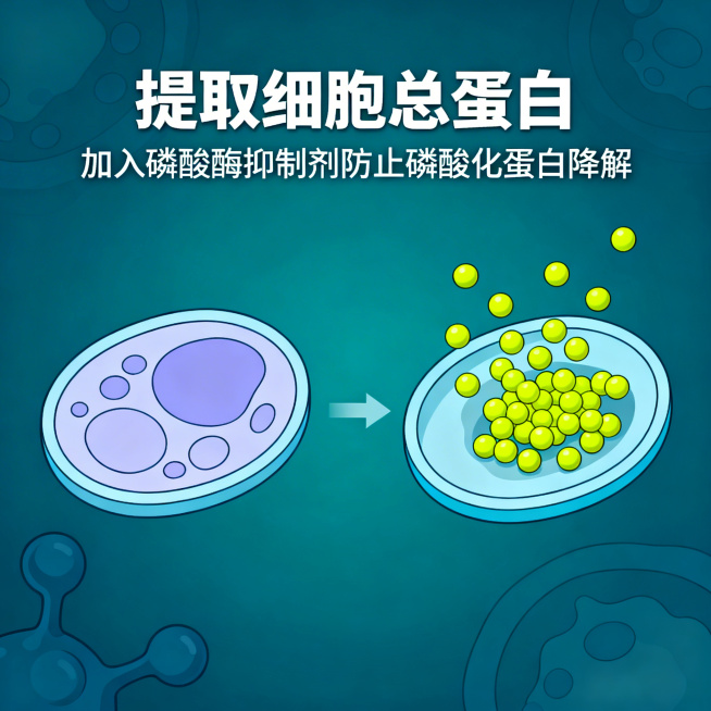细胞裂解液提取蛋白的科学示意图，展示细胞被裂解释放出蛋白质，图中包含文字：提取细胞总蛋白，加入磷酸酶抑制剂防止磷酸化蛋白降解。科学插画风格，清晰标注预览效果