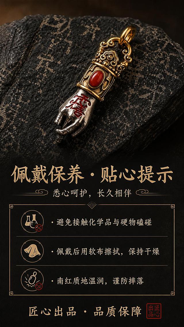 [商品] 使用【图5】道系·灵官决吊坠；保留整体造型、材质颜色与结构；产品原样不做二创修改。
[画面] 页面目标为收尾礼遇与佩戴保养说明；竖版构图，吊坠位于画面上方中央，占画面约35%，平放于古石之上；下方为保养说明与服务信息区，用古铜色细线分割；前景古石纹理，中景产品+信息卡，背景深黑暖光渐变，3层视觉层次。
[视觉] 套系策略：风格=东方古韵暗调高级商业摄影，国潮文玩质感；标题字=宋体粗体+书法笔触；正文字=简洁宋体；主色=深炭黑+古铜金；背景延展=深黑到深棕渐变，带暖光轮廓；强调色=朱砂红，仅用于印章和重点字；标题色=古铜金；正文色=暖米白；组件=古纹分割线、印章小标、细线图标；光影=顶部暖柔光，产品金属高光清晰，下方信息区均匀布光。
[文字] 产品下方主标题「佩戴保养 · 贴心提示」，副标题「悉心呵护，长久相伴」；下方保养说明横排三条：「· 避免接触化学品与硬物磕碰」「· 佩戴后用软布擦拭，保持干燥」「· 南红质地温润，谨防摔落」；底部服务说明横排：「匠心出品 · 品质保障」配红色印章；所有文字横排，字号保证手机端清晰可读。
[规格] 图片比例9:16竖版，width=1080，height=1920，resolution=2K，quality=medium；避免错字、文字过小、冷蓝背景、产品结构改变、虚假承诺用语。