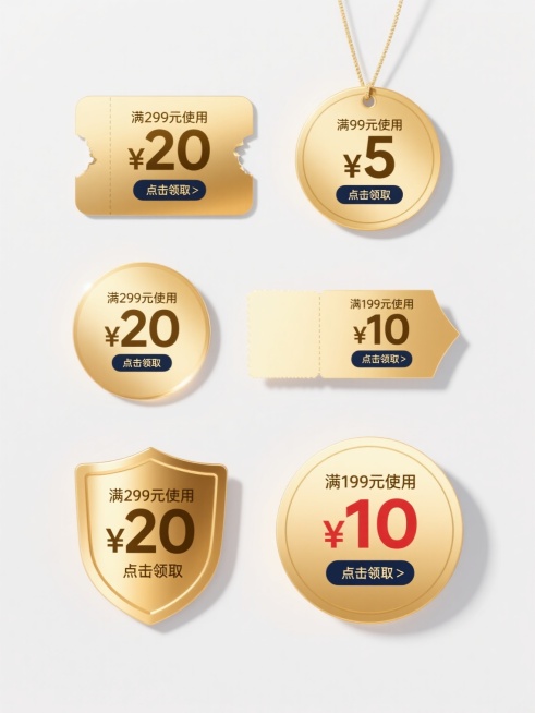 金色系现代简约风格优惠券系列素材集合，保持金色与白色为主色调，金色采用渐变金属质感，白色背景纯净简洁，光影柔和自然，高光细节精致，整体设计高端大气。包含6个完全不同造型的优惠券：1. 方形带撕边设计优惠券，标注“满299元使用 ¥20 点击领取”；2. 圆形吊牌式优惠券，标注“满99元使用 ¥5 点击领取”；3. 长条形带斜角标签优惠券，标注“满299元使用 ¥20 点击领取”；4. 圆角矩形……预览效果