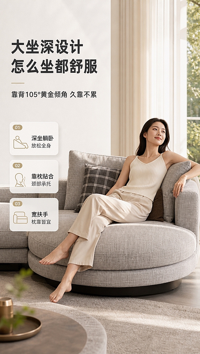 [商品] 使用【图1】康纳利Connery灰色布艺转角贵妃组合沙发；保留直排+圆贵妃模块结构、浅灰色亚麻布艺面料、深浅抱枕搭配、整体比例与造型；商品处理：自然理顺布艺面料纹理，增强抱枕立体感，不改变版型、颜色和结构。
[画面] 目标：第5张·真人沉浸体验，展示坐深与靠背舒适度。右景左文竖版9:16构图，右侧约2/3为客厅场景，亚洲年轻女性自然坐靠在沙发贵妃位上，身体微向后靠，双手搭在扶手上，姿态放松舒适，展示大坐深与靠背包裹感；左侧约1/3留白文案区；背景为落地窗+白纱+暖白墙面，午后暖自然光，整体明亮温馨。
[视觉] 套系策略：风格=意式极简高端家居商业摄影；标题字=现代无衬线粗黑体；正文字=简洁无衬线中黑体；主色=浅灰+暖白；背景延展=基于暖白+浅灰做深浅层级、同色渐变和细腻织物/哑光墙面质感；强调色=香槟金，仅用于小面积图标、引线、标签和局部金属光效；标题色=深炭灰；正文色=中暖灰；组件=圆角浅底信息卡、细线引线、数字序号胶囊；光影=右侧暖柔自然光，人物与沙发光影自然。
[文字] 左侧文案区竖列：主标题「大坐深设计 怎么坐都舒服」，副标题「靠背105°黄金倾角 久靠不累」，下方3条体验卖点：「深坐躺卧 放松全身」「靠枕贴合 颈部承托」「宽扶手 枕靠皆宜」；文字不遮挡人物与沙发主体。
[规格] 图片比例9:16竖版，4K分辨率，淘宝/天猫详情页适配，中文文案，亚洲模特；避免变形、错字、文字过小、冷蓝/蓝灰背景、沙发颜色改变、结构失真、极限词。