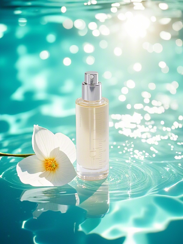 清新梦幻的玻璃瓶香水，搭配虚拟自然水波背景，营造浪漫氛围。