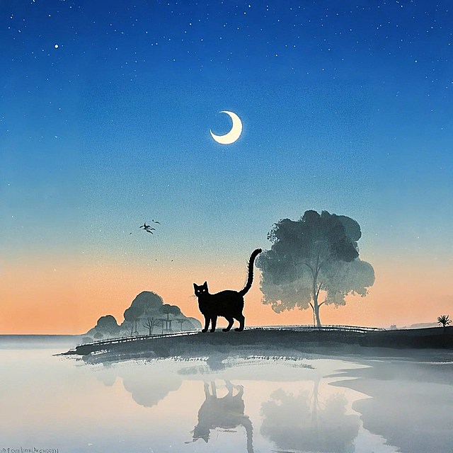 天空中的月亮，地上的黑色小猫