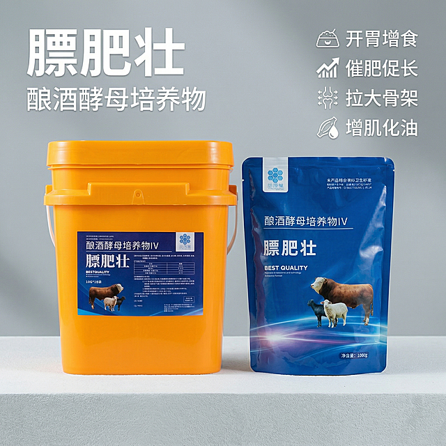 基于提供的膘肥壮产品实拍图，生成第一张抖音平台电商主图，保持产品外观与原图完全一致，采用简约风格，产品为膘肥壮酿酒酵母培养物，放置于干净简约浅灰色背景，产品居中摆放。主标题文案"膘肥壮"字体为最大号无衬线粗体白色，位于画面左上角；副标题文案"酿酒酵母培养物"位于主标题下方，字号更小。右侧四个核心卖点标注"开胃增食"、"催肥促长"、"拉大骨架"、"增肌化油"，竖向排列。保持整体简约干净，不遮挡产品主体，符合抖音电商主图规范。