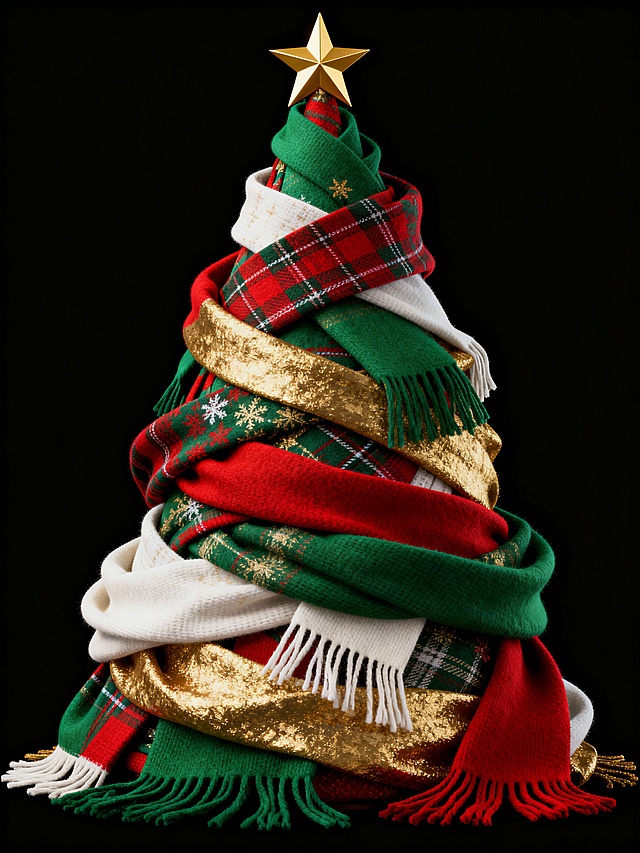 以圣诞经典格纹围巾为材料堆叠成树，用红绿金配色呼应节日氛围，借日常织物的温暖质感，打造出复古又具生活气息的创意圣诞装饰