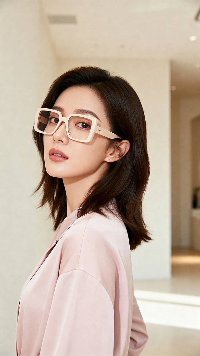 一个亚洲女模特戴着浅色板材方形眼镜，微微侧身站立，搭配温婉的妆容和柔顺气质发型，背景是干净的浅色系室内空间，整体氛围温婉优雅，很有气质