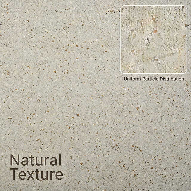 [Main Image 3] Material process detail display. [Atmosphere Style] Natural minimalist wabi-sabi style. [Quality] Commercial macro photography, clear texture, super high resolution. [Elements] Main picture close-up of the surface details of recycled limestone, highlighting the uniform distribution of natural aggregate particles. There is a 1:1 local magnifying glass detail box in the upper right corner, zooming in on the dense and uniform internal structure. Keep the product's color and material texture 100% consistent with the original image, and finely restore the speckled details. [Light and Shadow] Soft directional light, highlight the layered texture of the stone surface, the particles have a natural three-dimensional sense. [Color Matching] Consistent with the original product: off-white base, warm brown aggregate, natural low saturation. [Perspective Composition] Close-up perspective, product fills the whole frame. [Text Layout] The title "Natural Texture" is placed in the lower left corner, the description "Uniform Particle Distribution" is placed next to the magnifying glass box, simple English font, does not block the key details. [Proportion Resolution] 1:1 proportion, 4K resolution; super high definition. [Negative Prompt] Deformation, watermark, text confusion, blurred product picture, cluttered background.