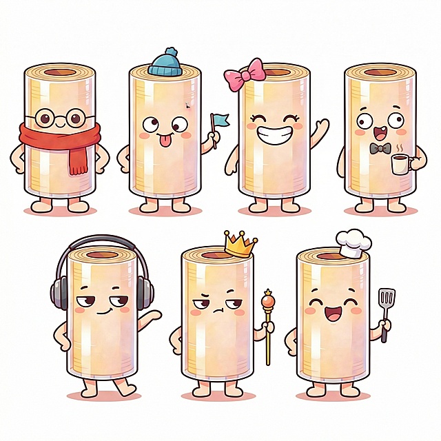 模仿参考图的画风，生成七个卷膜卡通人物，每个人物有明显区分，比如不同的配饰、表情、姿态，有的戴帽子，有的戴眼镜，有的拿小物件，表情有的开心有的搞怪，姿态有的抬手有的叉腰