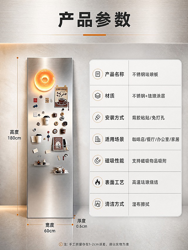 [商品] 使用【图1】不锈钢珐琅板；保留银色金属拉丝质感与长方形结构；左侧展示产品正视图，右侧为参数表。
[画面] 目标：规格参数收口，提供完整产品信息。构图：左图右表，左侧45%展示产品正视图+尺寸引线标注（高度、宽度、厚度），右侧55%为简洁参数表格；背景为浅灰渐变+细腻金属纹理底，整体干净专业。
[视觉] 套系策略：风格=现代工业风高级商业摄影；标题字=粗黑体无衬线；正文字=简洁无衬线体；主色=金属银灰；背景延展=基于银灰做深浅层级、暖棕木色与水泥灰搭配、同色渐变和细腻金属/水泥质感；强调色=暖橙棕，仅用于小面积图标、引线、标签和局部光效；标题色=深炭灰；正文色=中暖灰；组件=圆角浅底信息卡、细线引线、金属质感图标；光影=左前侧暖柔光+顶部射灯，金属表面有自然高光反射。
[文字] 顶部通栏主标题"产品参数"；左侧产品图配尺寸引线标注（高、宽、厚）；右侧参数表含：产品名称、材质（不锈钢+珐琅涂层）、安装方式（背胶粘贴/免打孔）、适用场景（咖啡店/餐厅/办公室/家居）、磁吸性能（支持磁吸物品吸附）、表面工艺（高温珐琅烧结）、清洁方式（湿布擦拭）；表格清晰易读，全部横排。
[规格] 图片比例3:4竖版，4K，避免变形、错字、文字过小、冷蓝/蓝灰背景、产品颜色改变、结构失真。