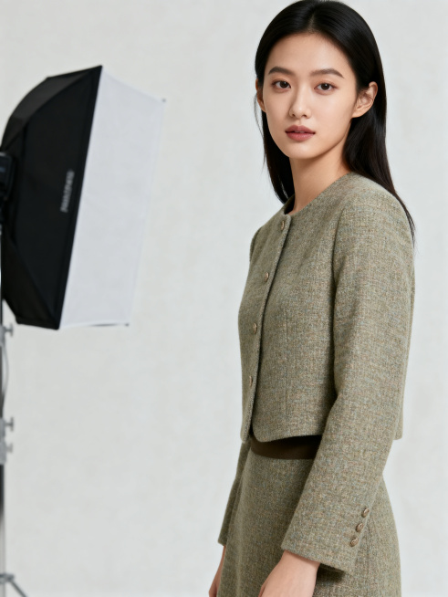 女装模特产品展示图，年轻时尚女模特穿着当季新款女装，质感面料，简约高级穿搭，干净简约背景，柔和光线，时尚氛围感，高清突出服装款式细节预览效果