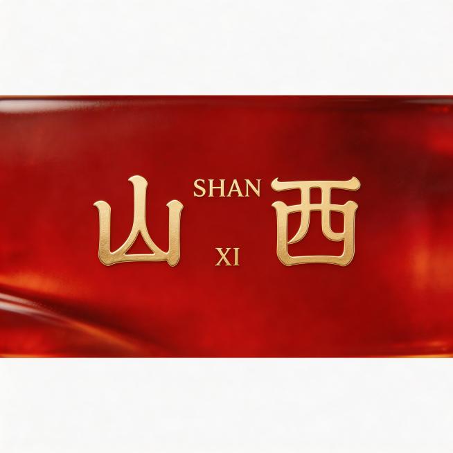 简约现代风格字体设计，全景画面。红色琉璃底，文字烫金效果，左右两侧是艺术化的中文篆书篆刻复古复刻字体“山西” ，字体线条流畅，富有设计感。中间竖向排列着“山西”的小字拼音 ，整体设计简洁大方，传达出富预览效果