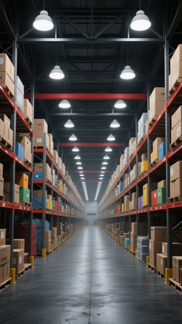 超写实风格的大型现代化仓库内部场景，采用纵深透视构图，高天花板上可见黑色金属桁架结构与红色横梁，整齐排列的白色筒灯提供明亮均匀的照明，地面为光滑的深灰色水泥材质，两侧是高耸的金属货架，货架上堆满了各种颜色的纸箱和货物，形成丰富的色彩层次，中央通道宽敞，整体氛围专业、有序且具有工业感，展现不同样式仓库的内部布局，包括货架排列方式、货物堆放形态及空间结构的细微变化。预览效果