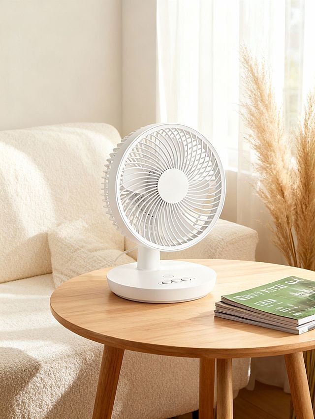 图示产品放置在浅木色圆形边几，旁边放置叠放的绿色封面杂志，背景是米白色布艺沙发与浅色墙面，自然光透过纱帘柔和洒入，旁边有芦苇装饰。